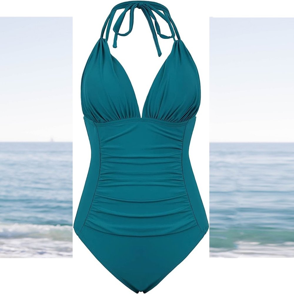 MYCOCO Tummy Control One Piece Ruched Halter Swimsuit NEW!!! - Picture 13 of 15